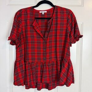Madewell red black plaid peplum top size medium Christmas holiday